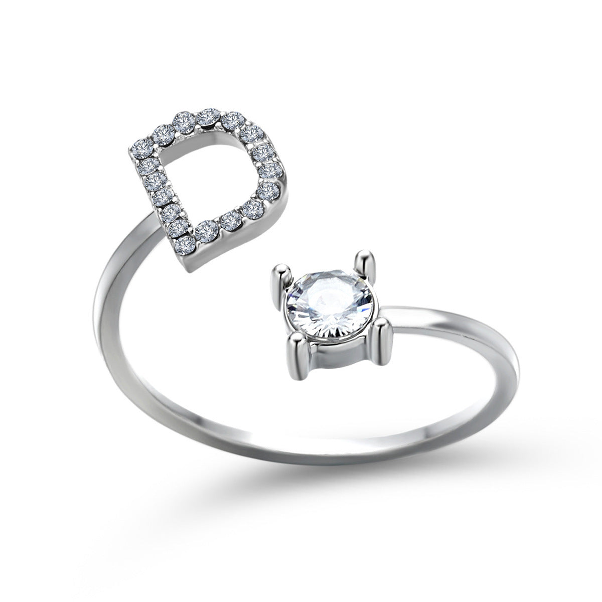 Lettera Ring – Anel com inicial cravejada e zircônia solitária, prateado e ajustável