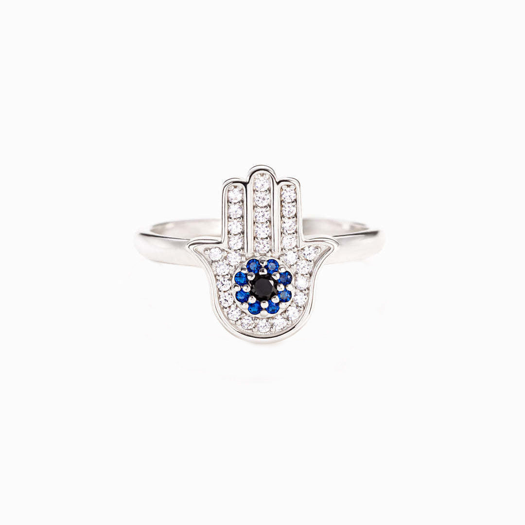 Hamséa Ring – Anel em Prata 925 com símbolo Hamsá cravejado e zircônias em azul e branco