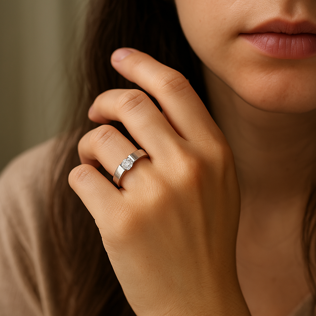 Célene Ring – Anel moderno com pedra central suspensa e acabamento ouro branco