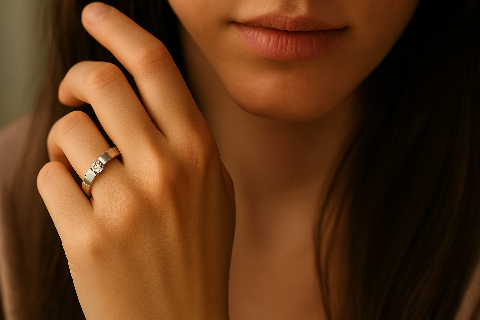 Célene Ring – Anel moderno com pedra central suspensa e acabamento ouro branco