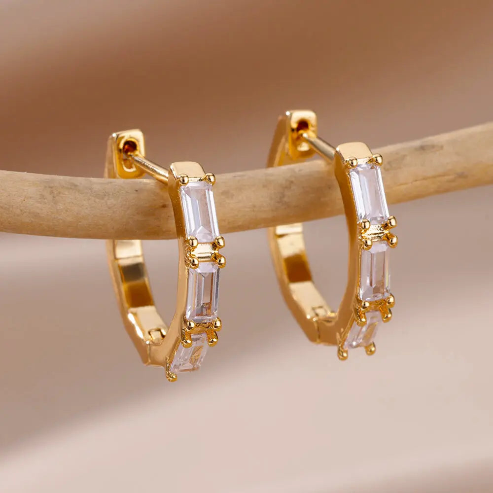 Triple Baguette Zirconia Hoop Earrings | Gold-Plated Stainless Steel Serenyah