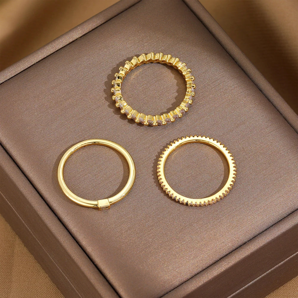 Gold Stacking Ring Set of 3 | Zirconia Eternity, Milgrain & Plain Band Serenyah