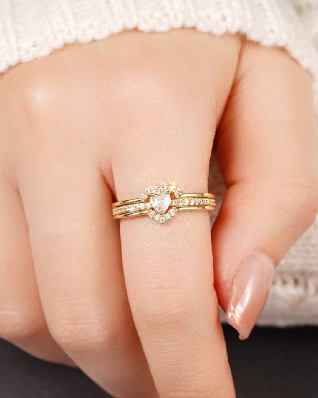 Améline Ring – Anel com zircônia em formato de coração e cravação dupla, dourado ou prateado, romântico e sofisticado