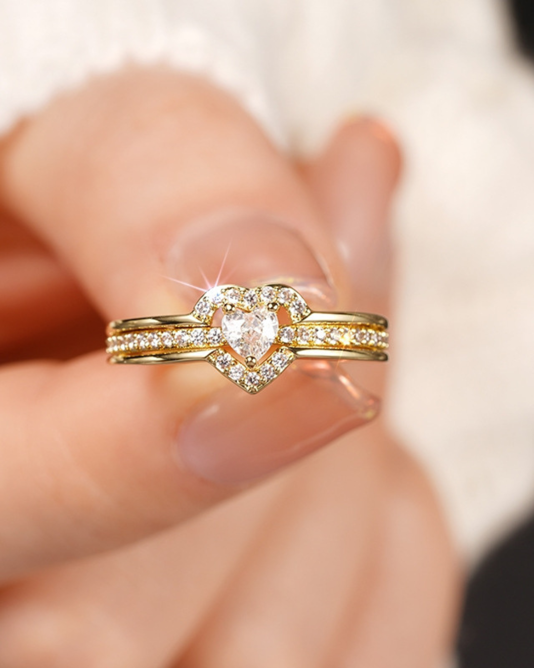 Améline Ring – Anel com zircônia em formato de coração e cravação dupla, dourado ou prateado, romântico e sofisticado