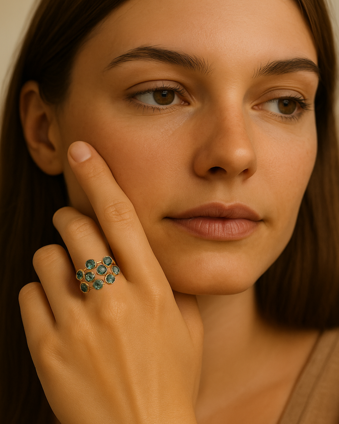 Auralie Ring – Anel com cristais verdes em design múltiplo banhado a ouro com estilo glam moderno