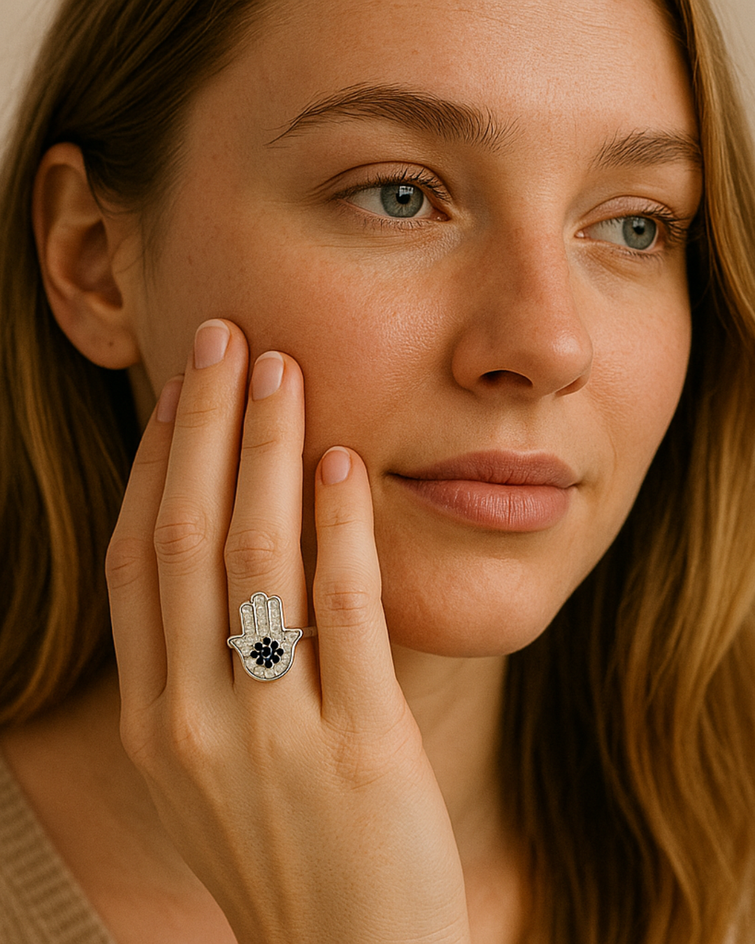 Hamséa Ring – Anel em Prata 925 com símbolo Hamsá cravejado e zircônias em azul e branco