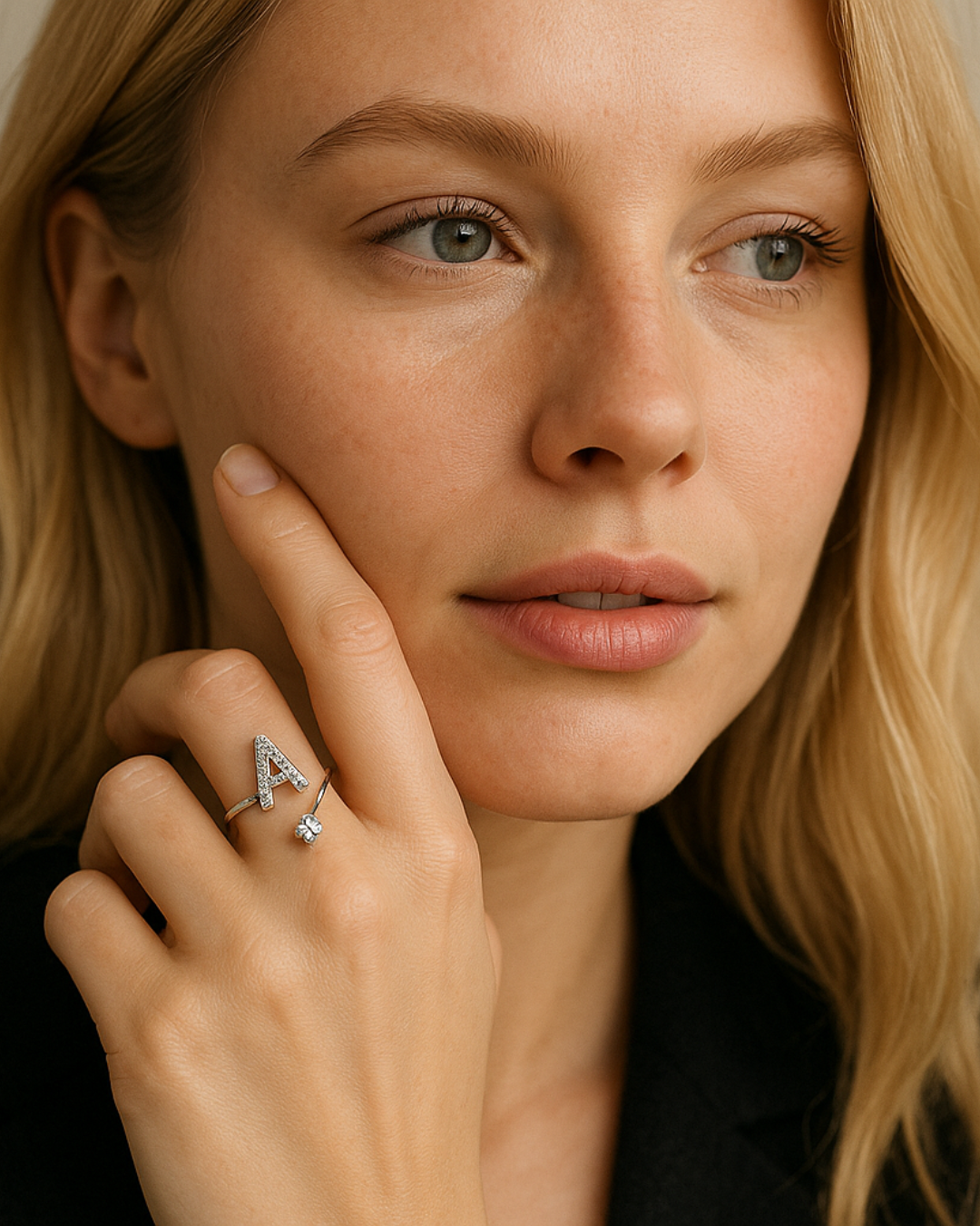 Lettera Ring – Anel com inicial cravejada e zircônia solitária, prateado e ajustável