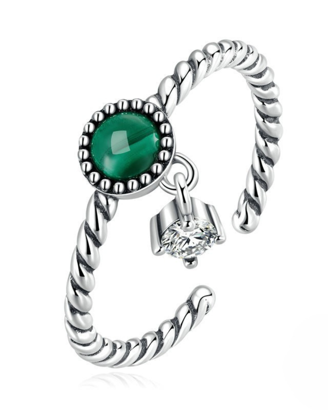 Malya Ring – Anel em Prata 925 com pedra verde malaquita e zircônia pendente, ajustável e elegante