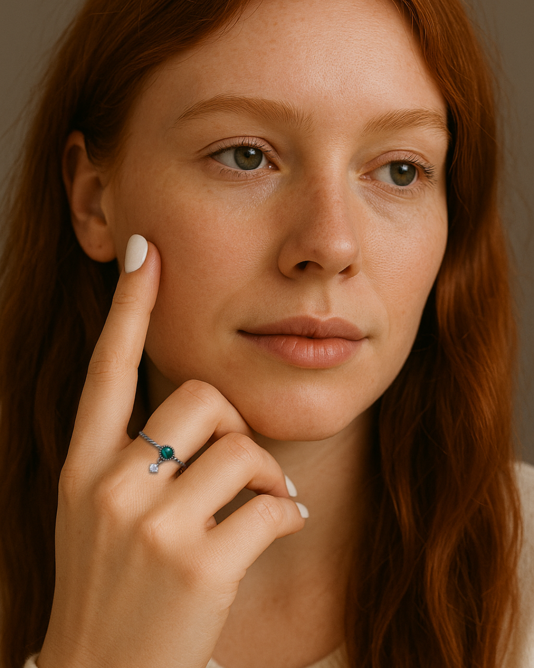 Malya Ring – Anel em Prata 925 com pedra verde malaquita e zircônia pendente, ajustável e elegante