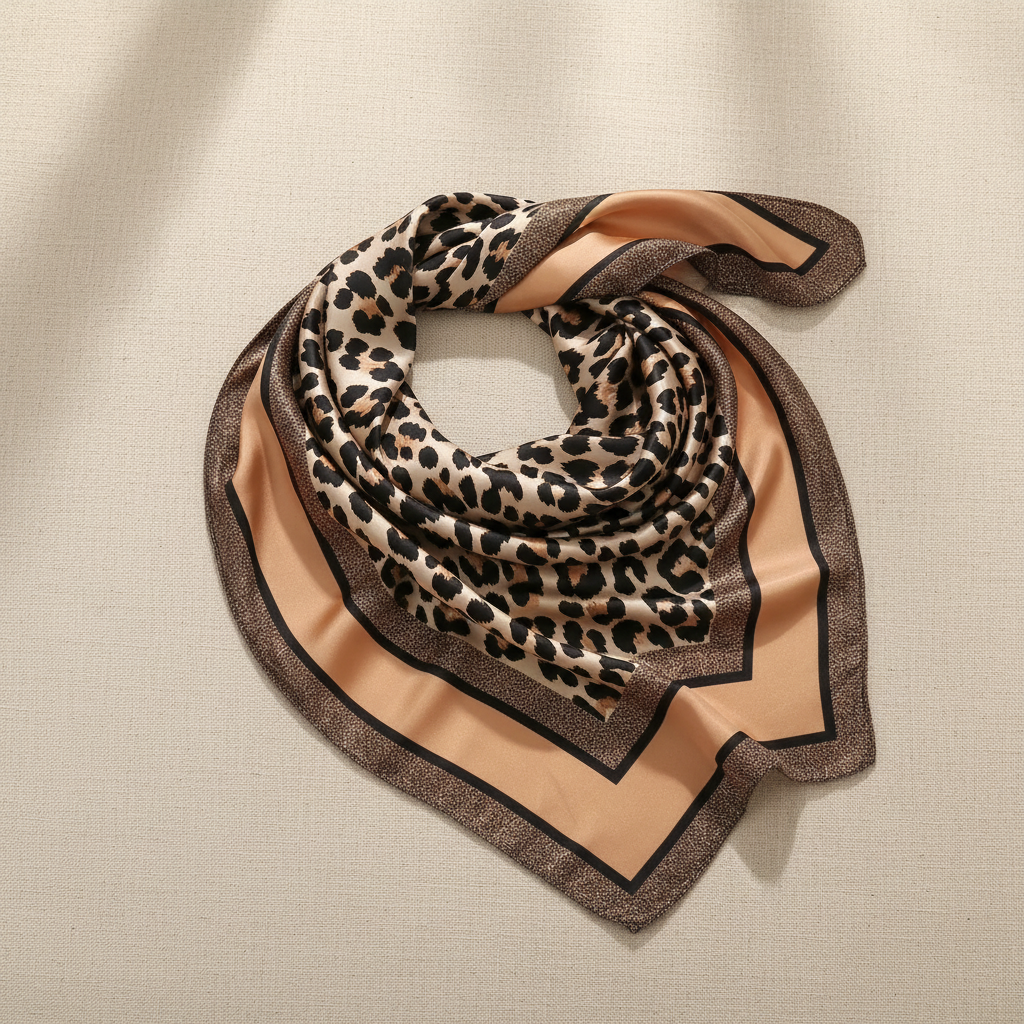 Beige Leopard Print Silk Scarf with Bronze Border – Editorial Product Photography