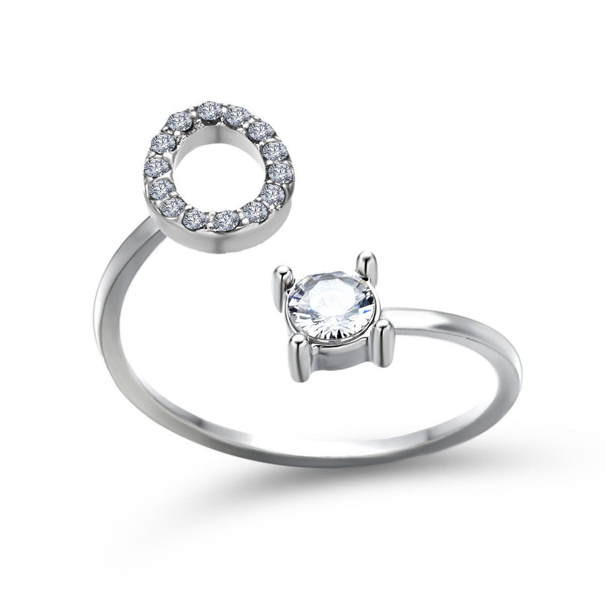 Lettera Ring – Anel com inicial cravejada e zircônia solitária, prateado e ajustável