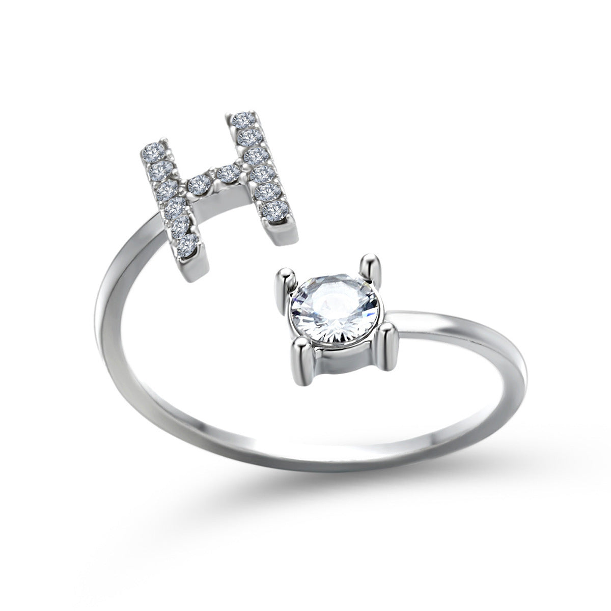 Lettera Ring – Anel com inicial cravejada e zircônia solitária, prateado e ajustável