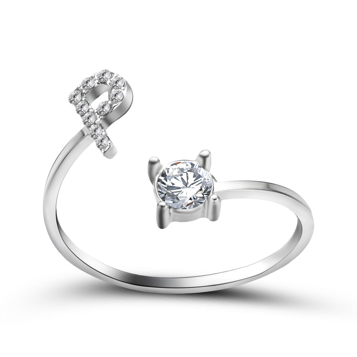 Lettera Ring – Anel com inicial cravejada e zircônia solitária, prateado e ajustável