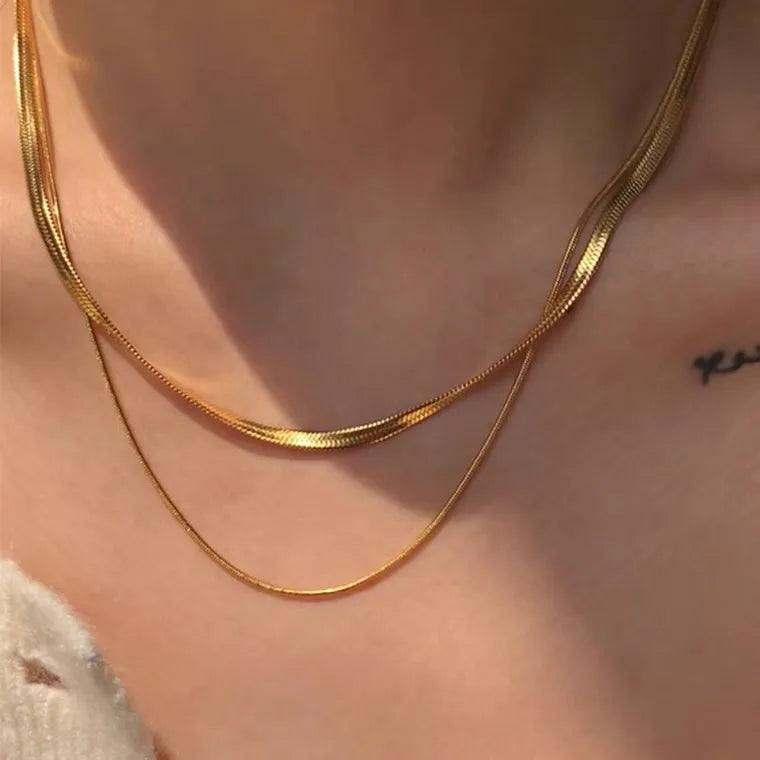 Layered Herringbone Chain Necklace Set | Gold-Plated Stainless Steel | Serenyah
