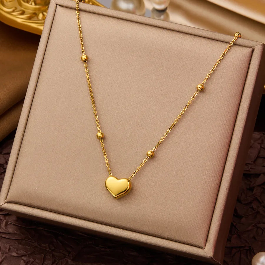 Round Bead Chubby Heart Necklace - Gold Titanium Steel