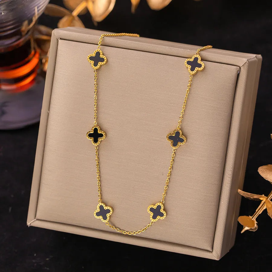 Six Four-Leaf Clovers Necklace - Gold Titanium Steel