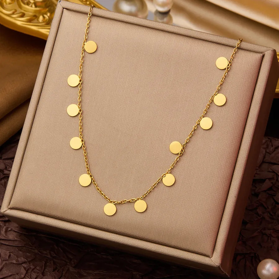Shiny Round Pendant Necklace - Gold Titanium Steel