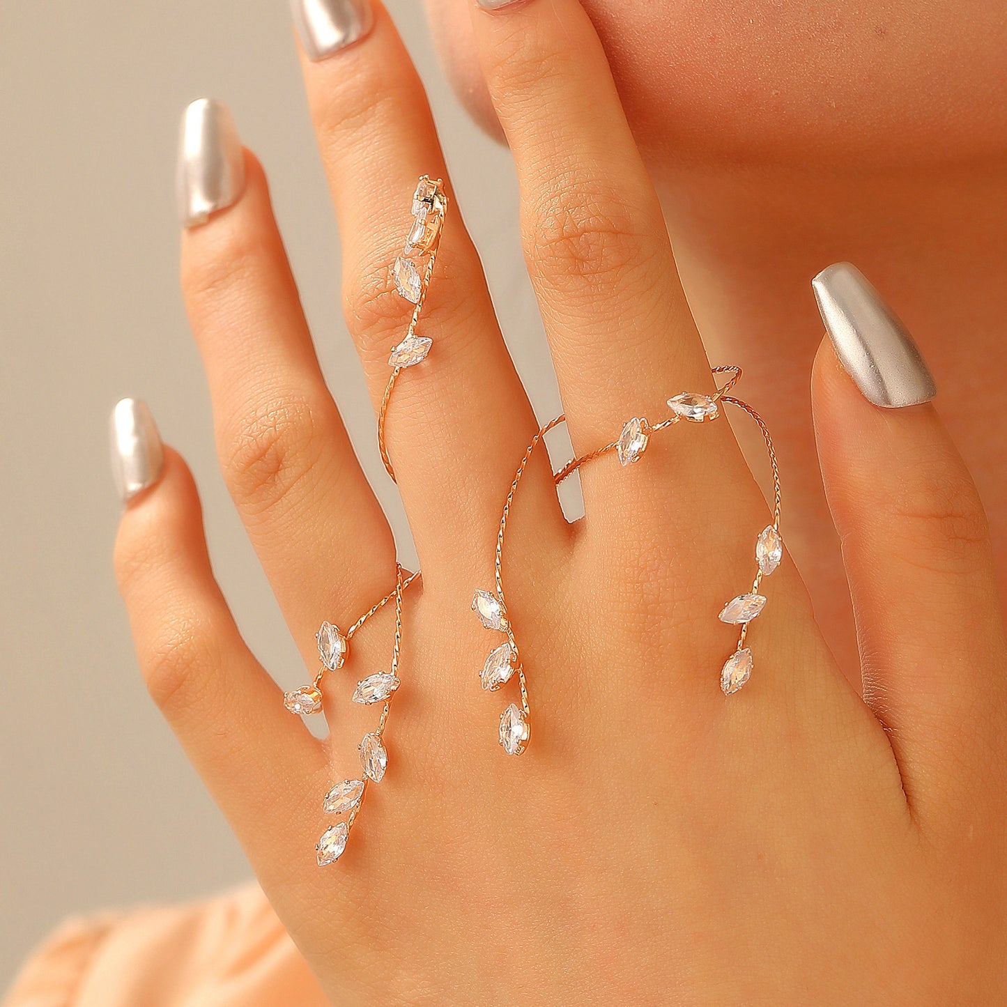 Zircon Leaf Finger Chain Ring – Stainless Steel Hand Jewelry | Serenyah