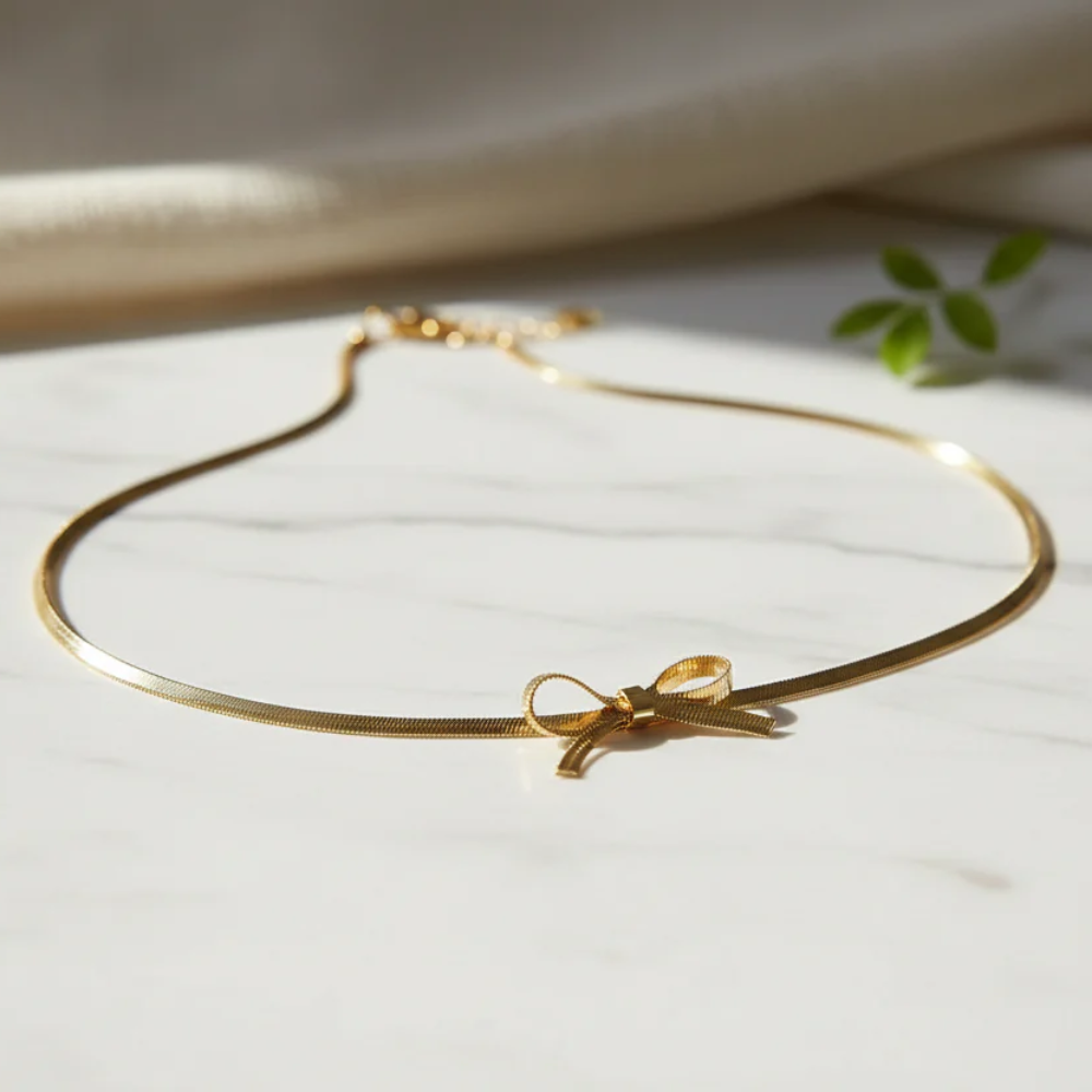 Bow Herringbone Choker Necklace — 18K Gold Plated & Steel Serenyah