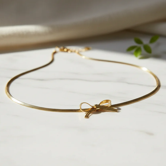 Bow Herringbone Choker Necklace — 18K Gold Plated & Steel Serenyah