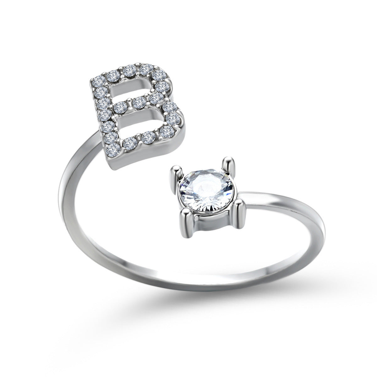Lettera Ring – Anel com inicial cravejada e zircônia solitária, prateado e ajustável