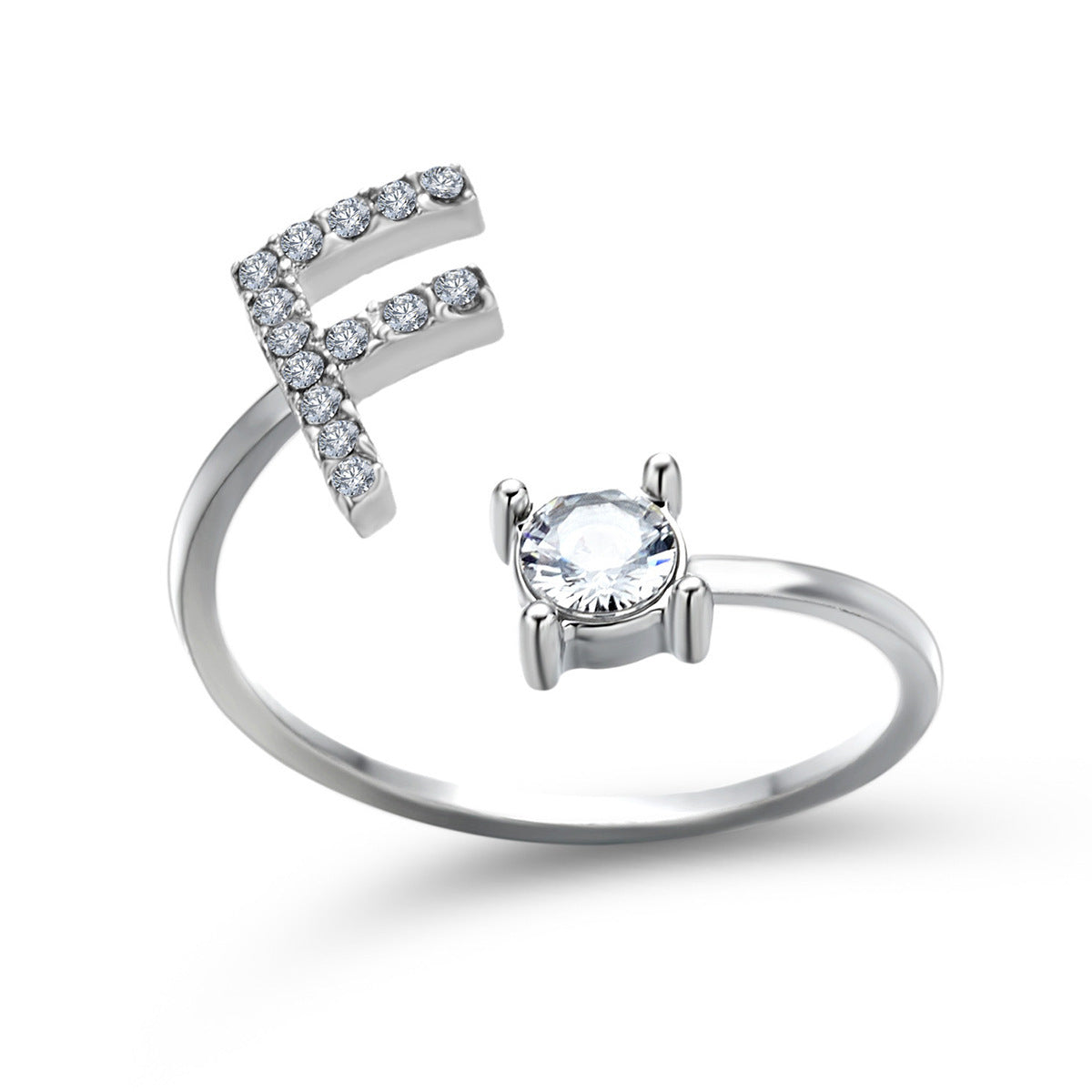 Lettera Ring – Anel com inicial cravejada e zircônia solitária, prateado e ajustável