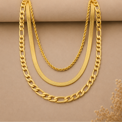 Set Collana a Catena Oro 3 Strati – Corda, Spiga & Figaro | Serenyah