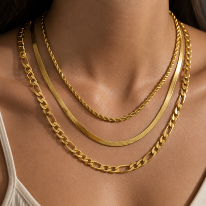 Set Collana a Catena Oro 3 Strati – Corda, Spiga & Figaro | Serenyah