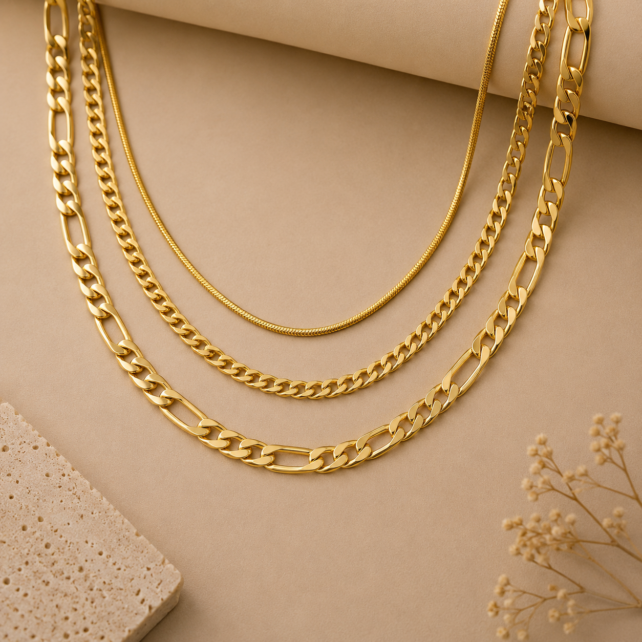 Set Collana a Catena Oro 3 Strati – Serpente, Grumetta & Figaro | Serenyah