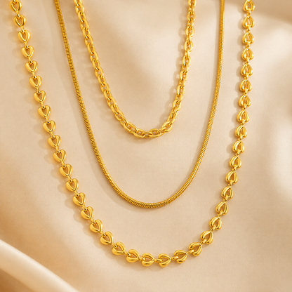 Set Collana a Catena Oro 3 Strati – Cuori, Serpente & Cavo | Serenyah