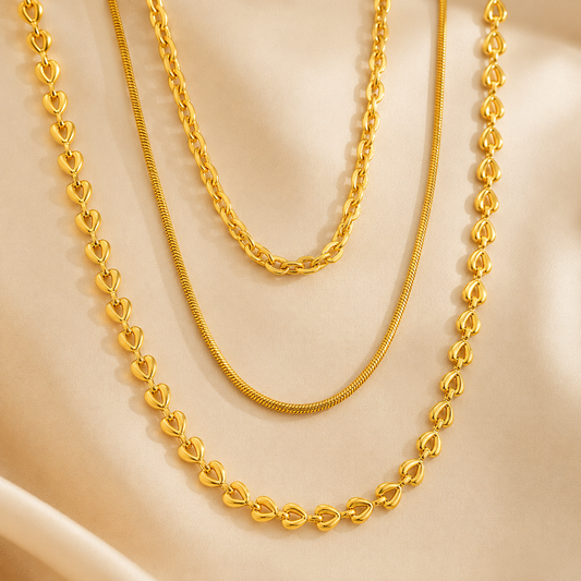 3-Layer Gold Chain Necklace Set – Heart Link, Snake & Cable | Serenyah