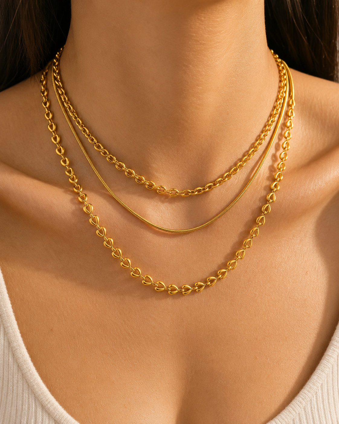 Set Collana a Catena Oro 3 Strati – Cuori, Serpente & Cavo | Serenyah