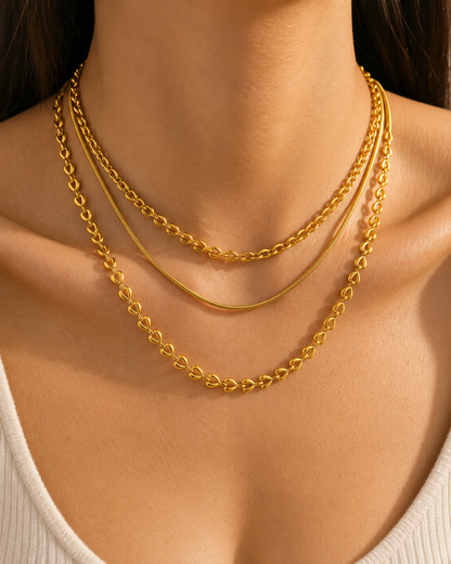 Set Collana a Catena Oro 3 Strati – Cuori, Serpente & Cavo | Serenyah