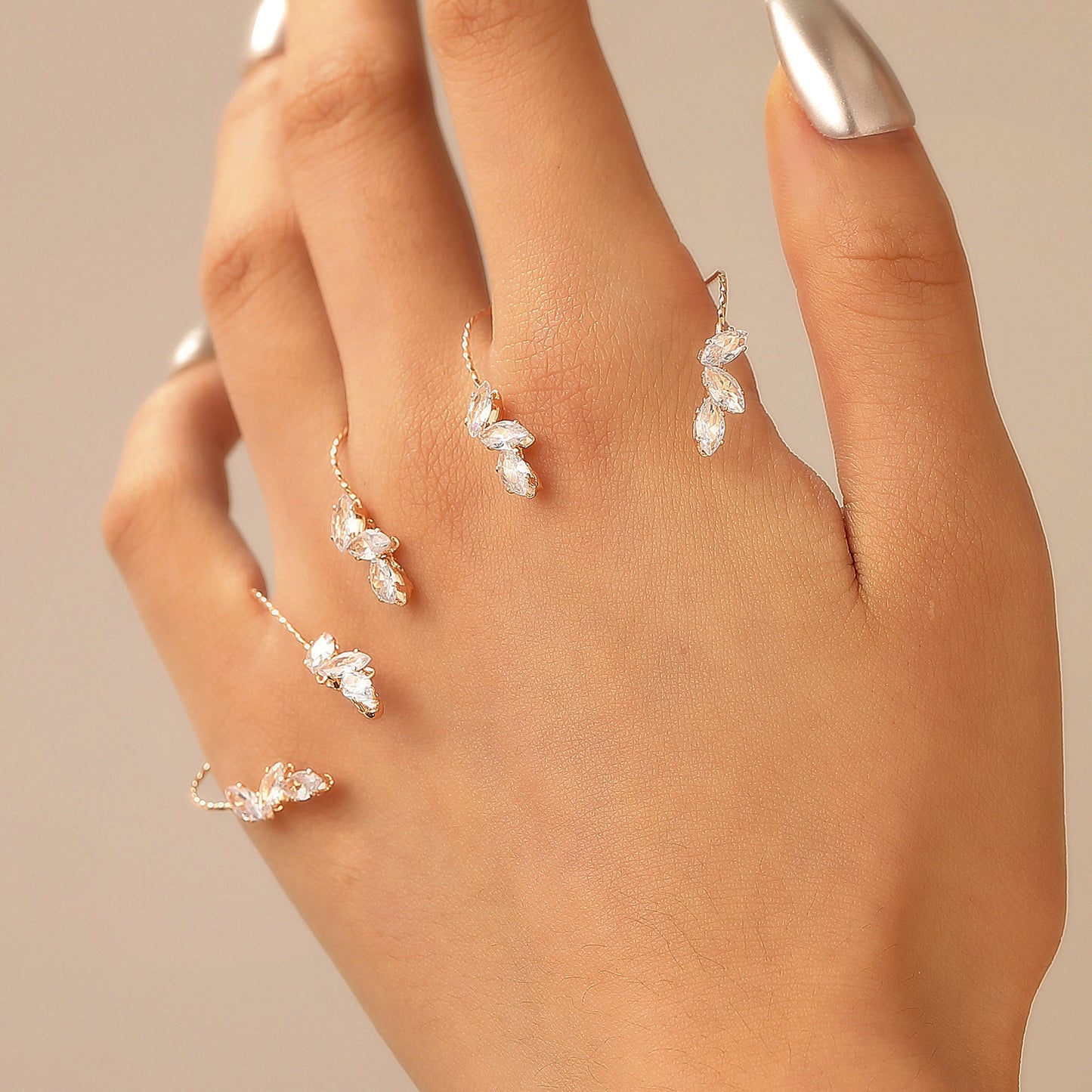 Zircon Leaf Finger Chain Ring – Stainless Steel Hand Jewelry | Serenyah