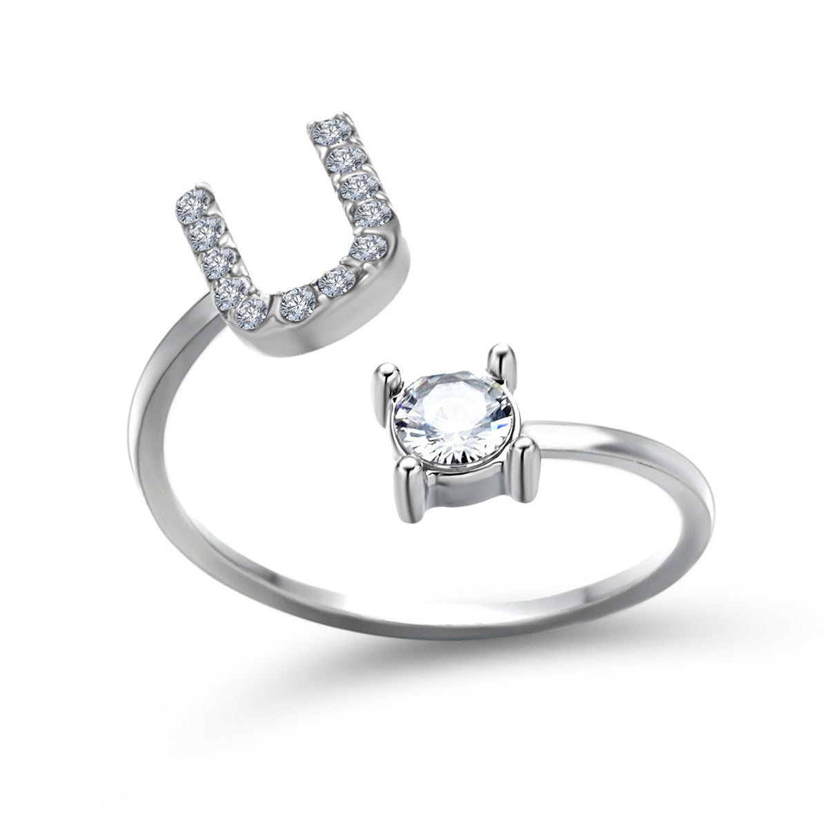 Lettera Ring – Anel com inicial cravejada e zircônia solitária, prateado e ajustável