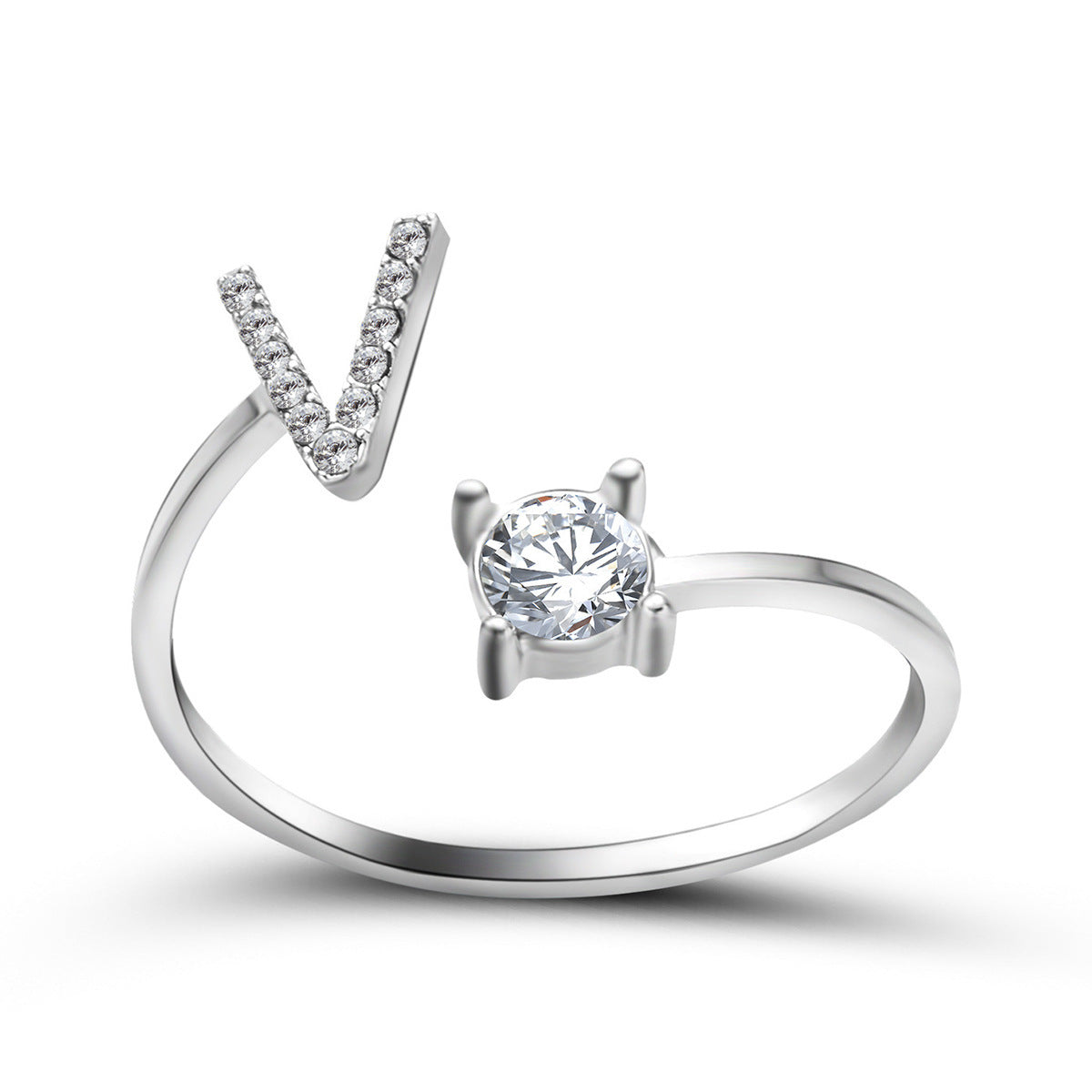 Lettera Ring – Anel com inicial cravejada e zircônia solitária, prateado e ajustável