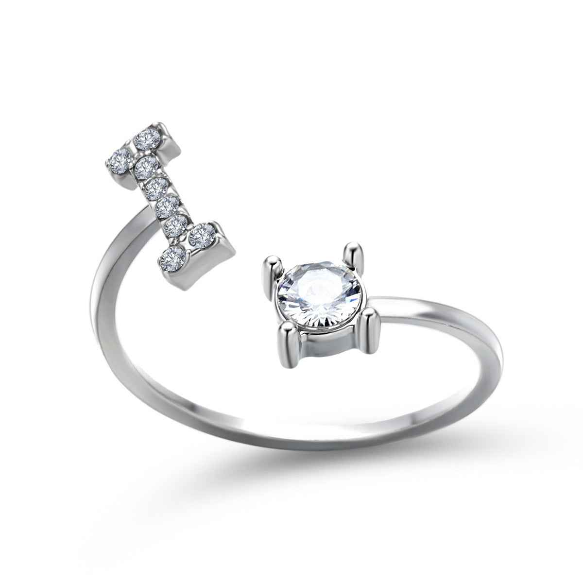 Lettera Ring – Anel com inicial cravejada e zircônia solitária, prateado e ajustável