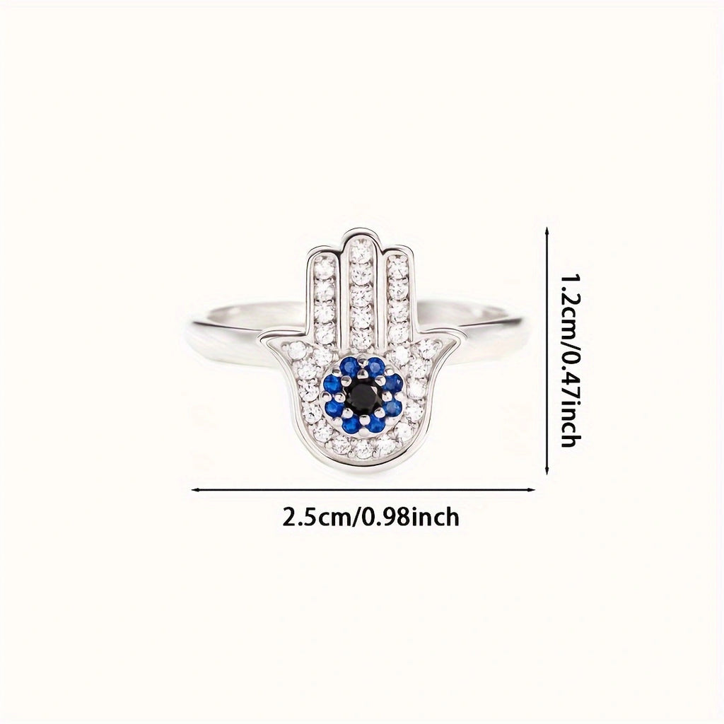 Hamséa Ring – 925 Silver ring with Hamsa symbol studded with blue and white zircons