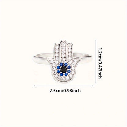 Anillo Hamséa – Anillo de Plata 925 con Mano de Fátima, Zirconia Azul y Blanca | Joyería con Símbolo de Protección