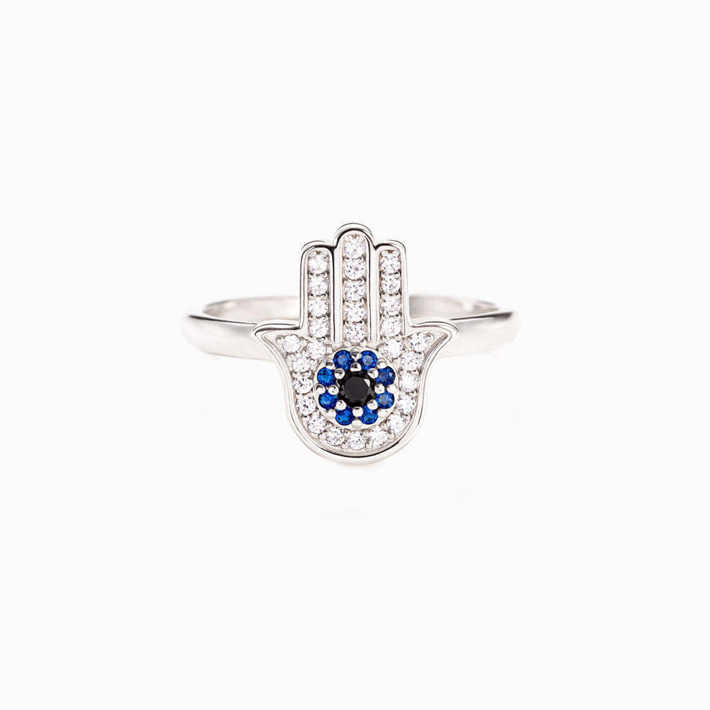 Hamséa Ring – 925 Silver ring with Hamsa symbol studded with blue and white zircons