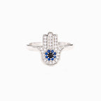 Hamséa Ring – 925 Silver ring with Hamsa symbol studded with blue and white zircons