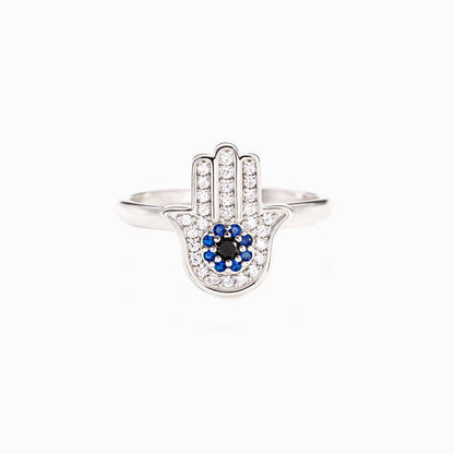 Anillo Hamséa – Anillo de Plata 925 con Mano de Fátima, Zirconia Azul y Blanca | Joyería con Símbolo de Protección