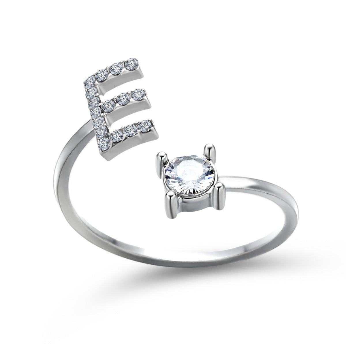 Lettera Ring – Anel com inicial cravejada e zircônia solitária, prateado e ajustável