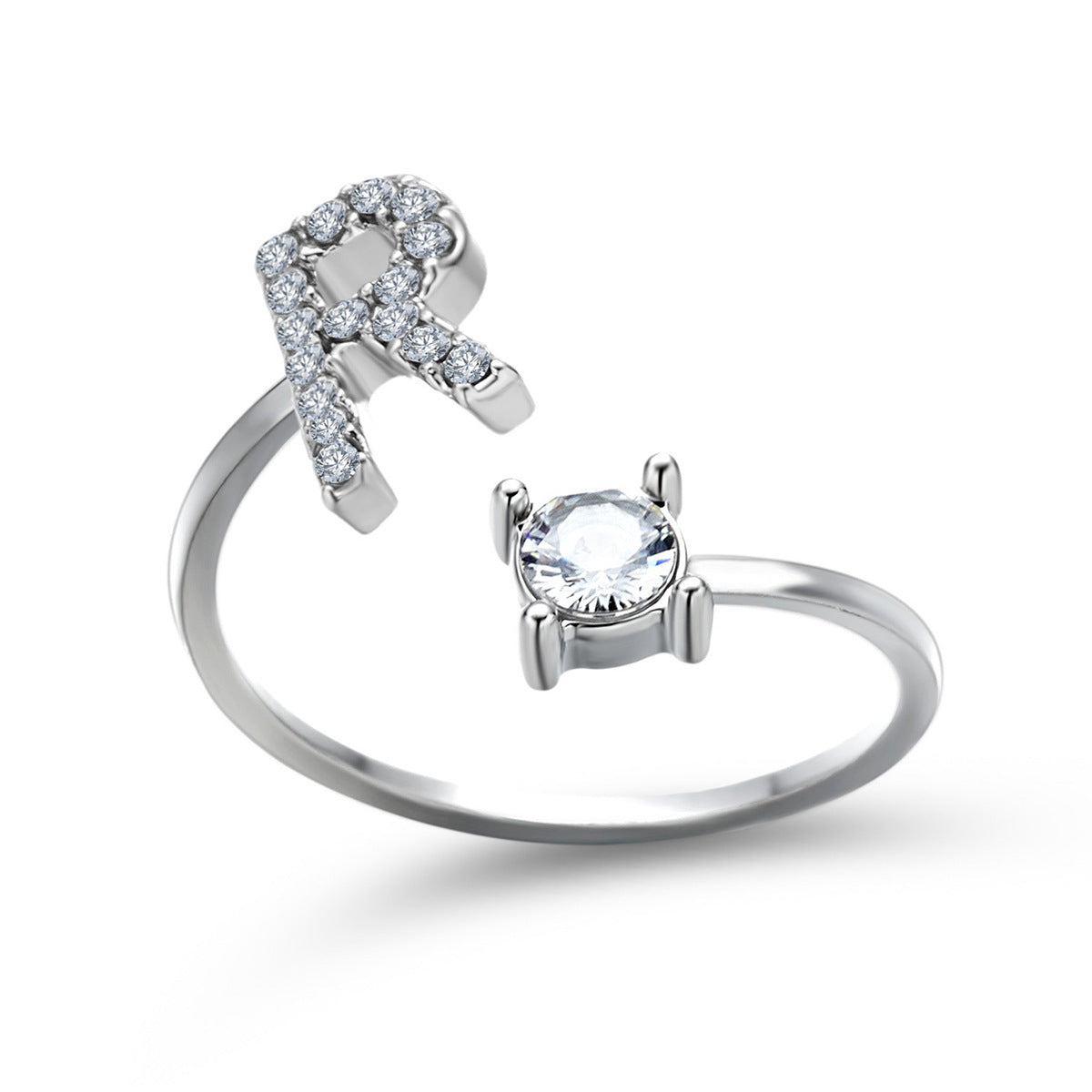 Lettera Ring – Anel com inicial cravejada e zircônia solitária, prateado e ajustável