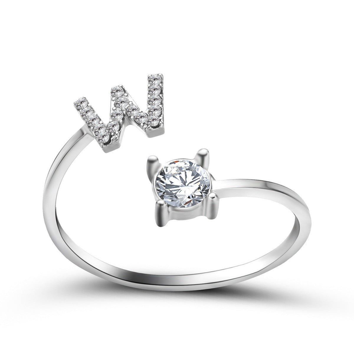 Lettera Ring – Anel com inicial cravejada e zircônia solitária, prateado e ajustável