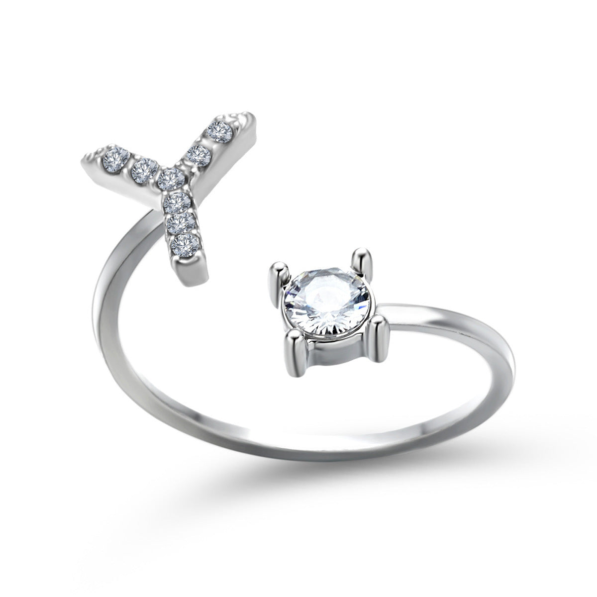 Lettera Ring – Anel com inicial cravejada e zircônia solitária, prateado e ajustável
