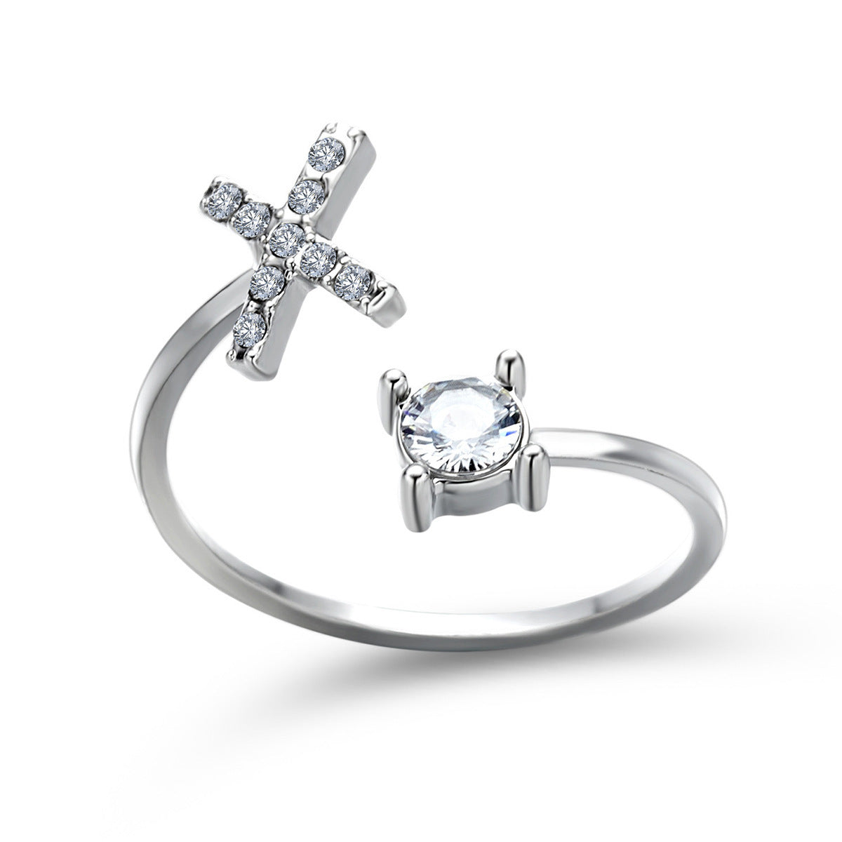 Lettera Ring – Anel com inicial cravejada e zircônia solitária, prateado e ajustável