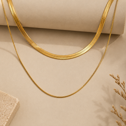 Layered Herringbone Chain Necklace Set | Gold-Plated Stainless Steel | Serenyah