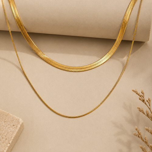 Layered Herringbone Chain Necklace Set | Gold-Plated Stainless Steel | Serenyah