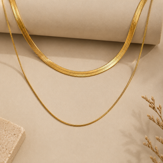 Layered Herringbone Chain Necklace Set | Gold-Plated Stainless Steel | Serenyah
